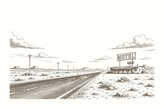 Desert roadside motel vector illustration with highway scenery in detailed vintage engraved line art travel composition