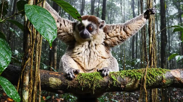 Sunda Slow Loris Awakening From Daytime Slumber on a Mossy Tree Branch in a Lush Rainforest