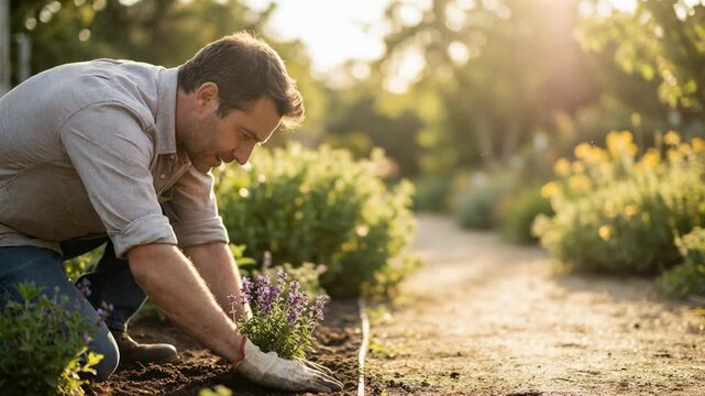 Gardener planting seedling in soil at sunset. Man working in garden with flower. Agriculture and horticulture activity for spring season in backyard vegetable patch.