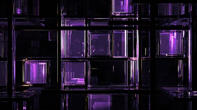 Complex arrangement of glowing purple transparent crystalline structures against a dark background
