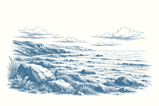 Coastal shoreline landscape vector illustration with rocky beach and ocean waves in refined vintage engraved line art style