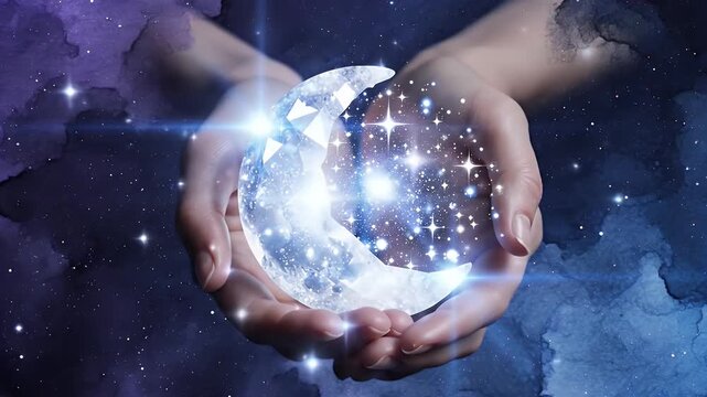 Two Hands Cupping a Glowing Celestial Orb Amid a Starry Cosmic Nebula