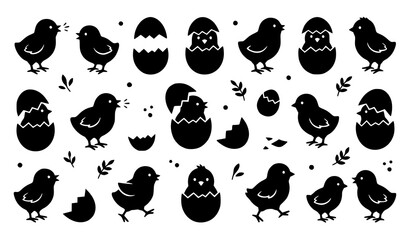 Fototapeta premium Black chick and cracked egg silhouette set isolated on white background