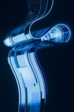 3D vertical data ribbon with luminous blue circuitry