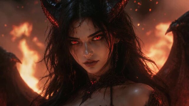 Fiery Demon Queen With Glowing Eyes And Infernal Wings
