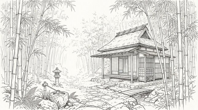 Traditional Japanese house hidden in a bamboo forest drawn in peaceful monochrome sketch style.
