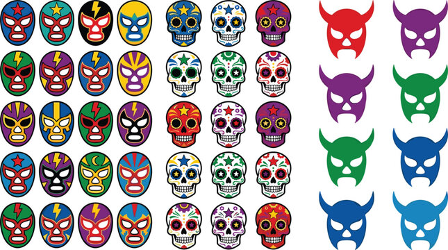 Mexican lucha libre mask and sugar skull vector illustration set featuring colorful luchador wrestling masks day of the dead calavera skulls and horned devil icons