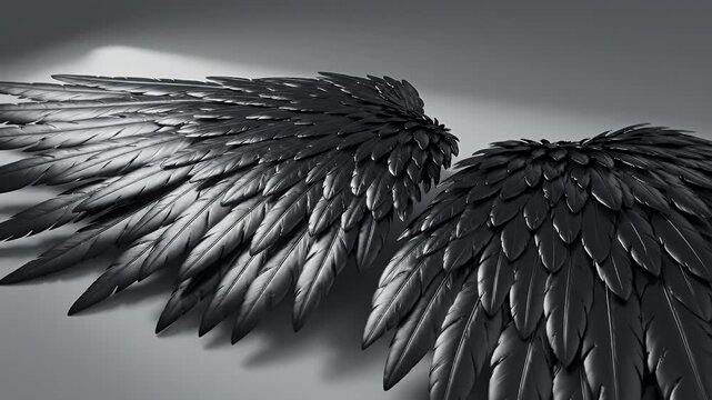 Two Large Dark Black Feathered Wings Resting on a Smooth Gray Background, Close-Up View