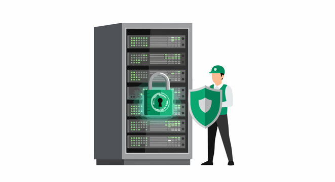 Cybersecurity and Data Protection Concept with Secure Server Rack, Padlock, and Guard with Shield