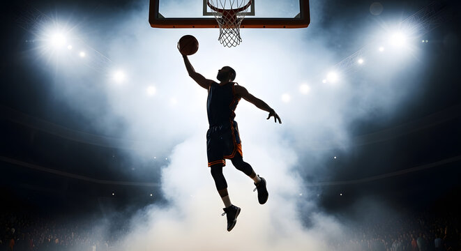 Dramatic basketball player dunking silhouette against bright arena lights and smoke effects