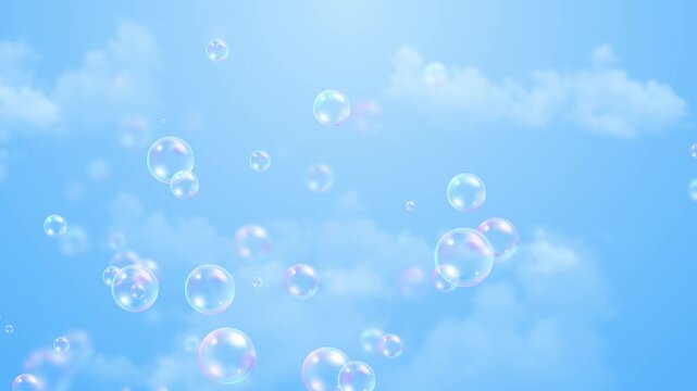 Floating Soap Bubble on Blue Sky Clouds background animation,summer air bubbles cosmetics and cleaning social media motion design element