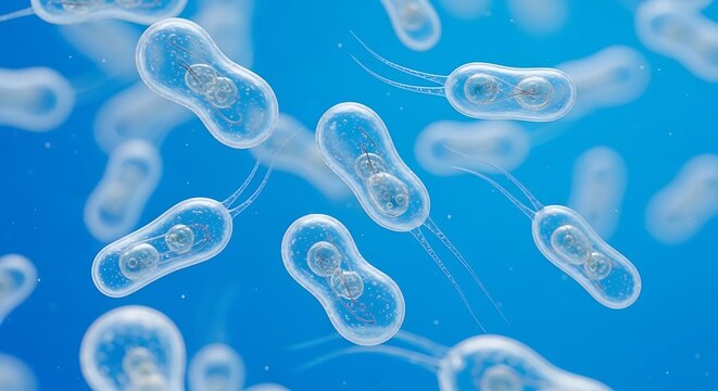 Multiple Transparent Paramecium Cells Swimming in Blue Water
