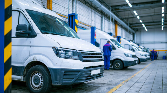 Commercial delivery van fleet in automotive service garage with logistics and maintenance operations