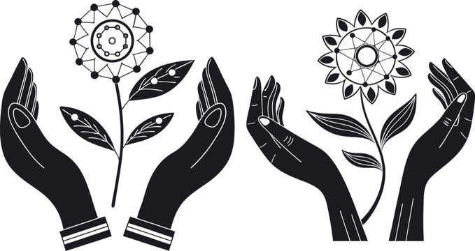 Two pairs of hands holding stylized flowers with geometric centers