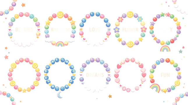 Cute kawaii beaded friendship bracelets vector set featuring pastel colors rainbow beads star charms flower icons and text elements like love besties happy