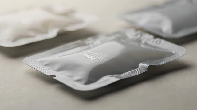 Footage of cosmetic sachets featuring a selfhealing barrier coating that smooths out minor abrasions maintaining attractive packaging appearance and protecting contents.