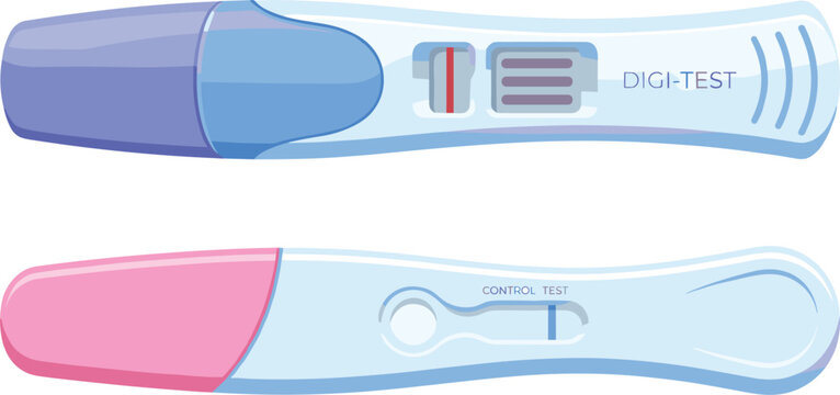 Pregnancy test kit vector illustration set featuring digital and rapid medical checking devices with positive result lines isolated on a clean white background