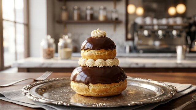 Classic French Chocolate Religieuse Pastry with Glossy Glaze and Buttercream on Vintage Platter