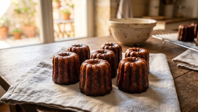 Traditional French Canneles de Bordeaux with Dark Caramelized Crust on Crisp Linen Cloth