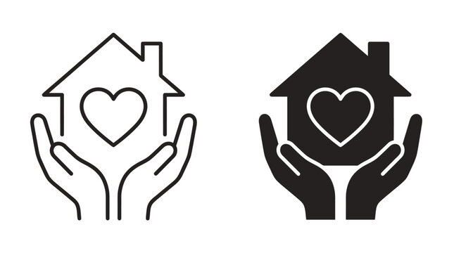 Icons of Hands Cradling Houses with Hearts