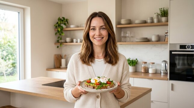 Woman Holding Salad Bowl in Bright Kitchen