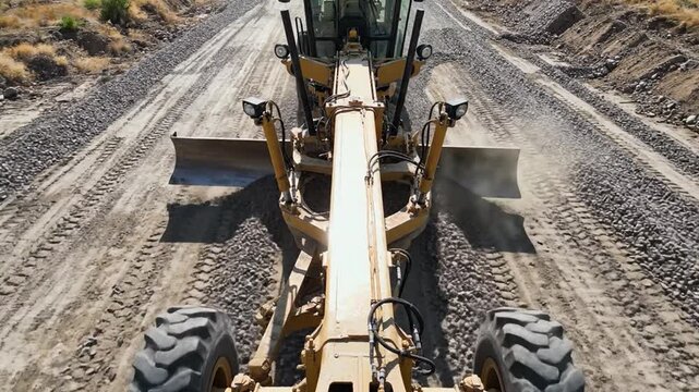 Heavy yellow road grader meticulously smoothing a gravel path during daytime construction work