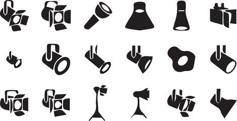 Lighting equipment silhouette icon set, spotlight studio vector, flashlight hanging artwork, stage light design, barn door graphic, photography tool emblem © MD SAKIB