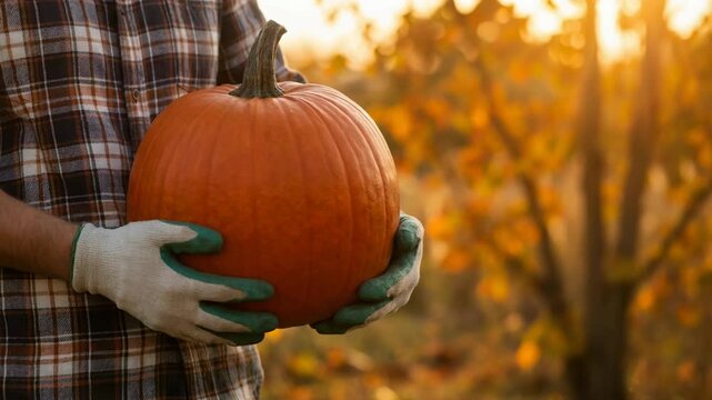 Farmer holding an orange pumpkin in hands. Man wearing protective gloves harvesting autumn vegetables. Organic agriculture and harvest season concept in golden garden.
