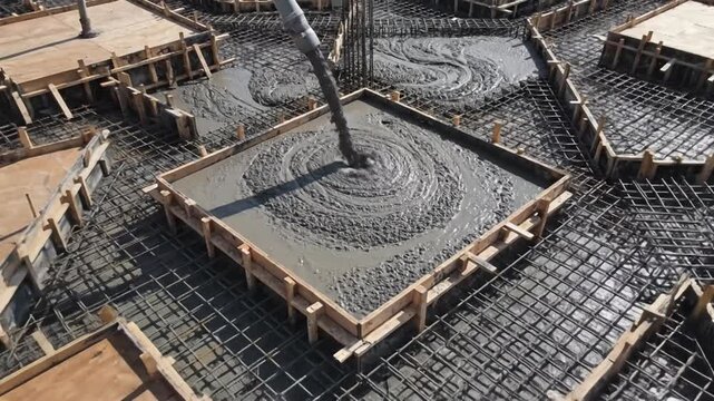 Reinforced concrete is poured into intricate wooden formwork on a construction site