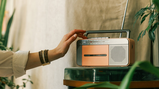 Hand adjusting vintage radio tuner dial for nostalgic music listening experience