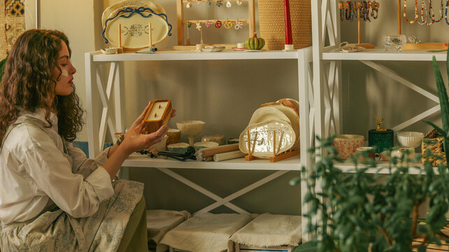 Woman examining handmade wooden candle in a cozy artisan workshop setting