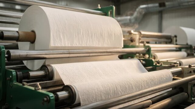 Industrial medium view of a jumbo roll toilet tissue manufacturing line with detailed perforating and rewinding on ecofriendly recycled pulp highlighting sustainable production.