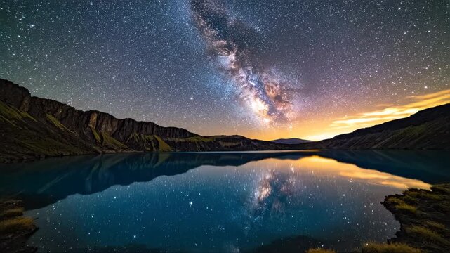 Milky Way galaxy arches over a calm mountain lake, reflecting the stars