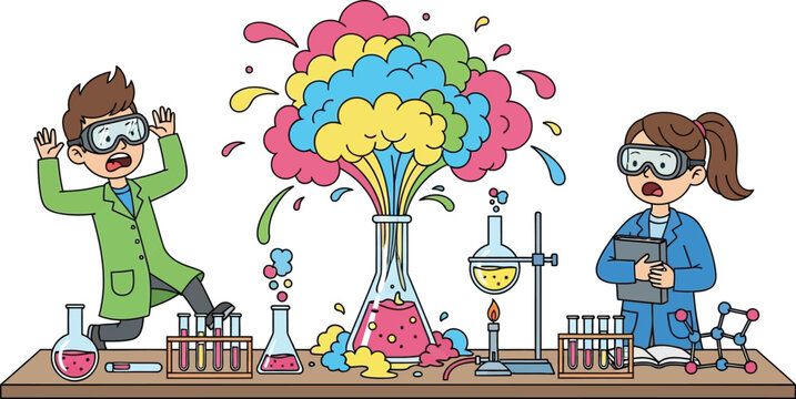 Cartoon illustration of two students reacting to a colorful chemical explosion in a science lab isolated on transparent background