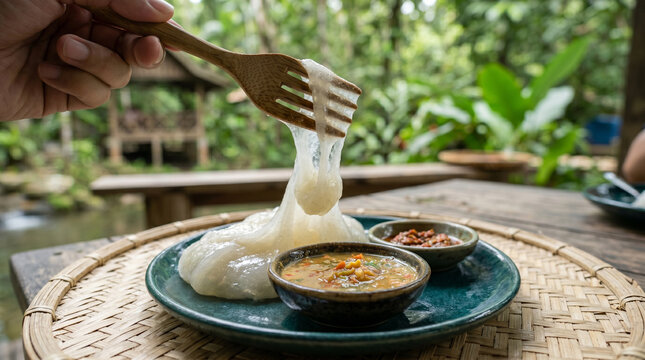 Hand holding wooden fork with sticky rice noodles and dipping sauce on a green plate outside