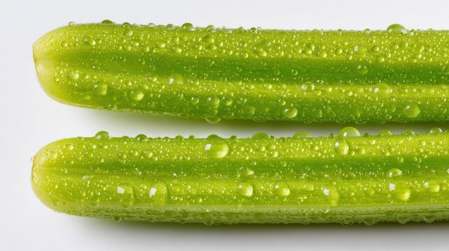 Two elongated green vegetable segments are closely captured with glistening moisture droplets resting on their ridged surfaces.