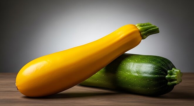 Yellow and green zucchini on wooden surface
