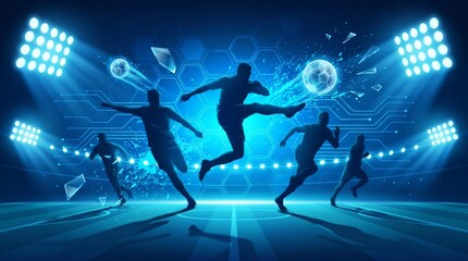 Futuristic Soccer Players Silhouette in Neon Digital Stadium © Alf