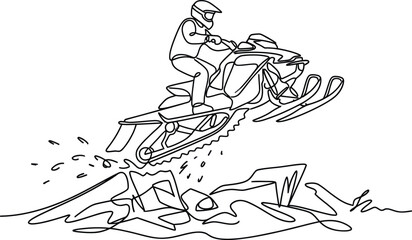 Obraz premium Snowmobiler Jumps Over Snow Dunes, Winter Sport Action Line Art