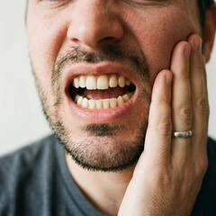 Fototapeta premium Man Grimacing and Holding His Face Due to Acute Toothache
