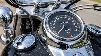 Fototapeta premium Shiny Motorcycle Speedometer & Handlebar Close-up