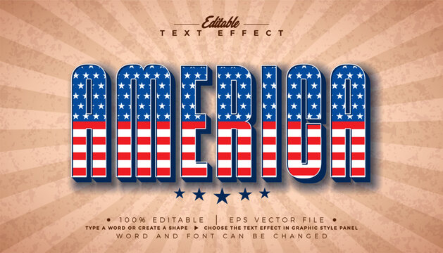 Vintage America Editable Text Effect Graphic Style Design with United States of America Flag Pattern Typography on Star Texture Background. Vector USA Independence or Memorial Day Customizable