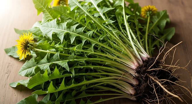Fresh dandelion greens with roots and flower