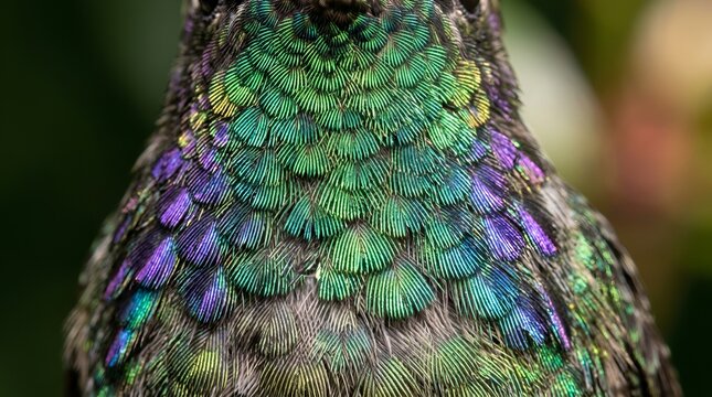 Hummingbird's iridescent feather detail: vibrant colors and textures closeup