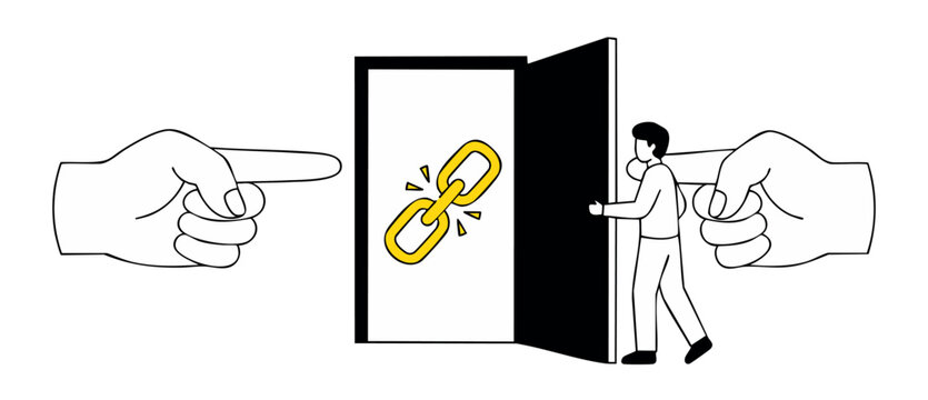 Link building backlink SEO strategy concept showing a man walking through open door guided by hands. Minimalist conceptual vector line art representing website referral traffic and inbound marketing.