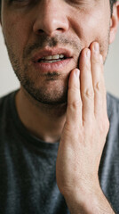 Fototapeta premium Man Suffering from Toothache or Jaw Pain Holding His Cheek in Discomfort