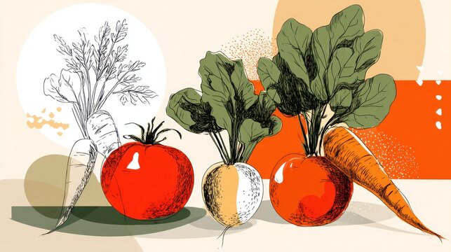 Assorted fresh garden produce depicted with mixed drawing styles and warm background colors
