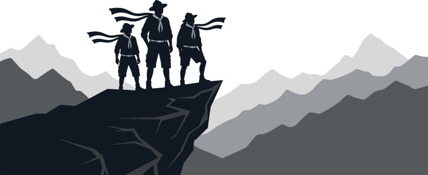Silhouette of three young scouts standing on a mountain cliff edge isolated on transparent background