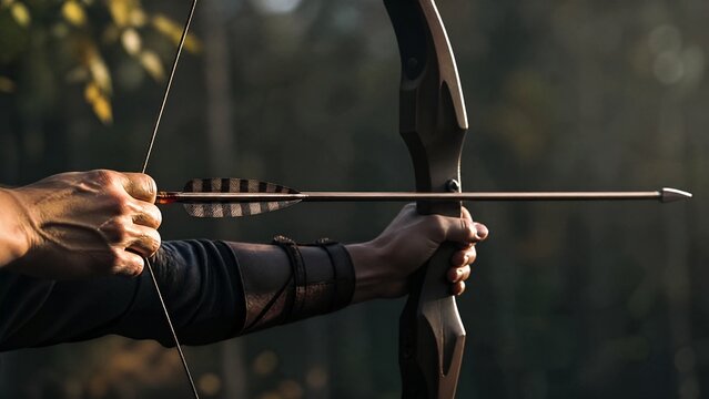 nocked. A bow with taut string and nocked arrow against a blurred natural background. event key visuals, club posters, designed for sports event promotions and stadium branding.