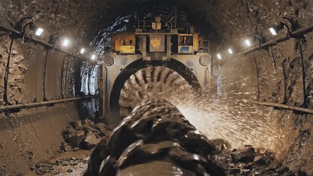 Massive Tunnel Boring Machine Excavating Earth for New Subway Construction Project